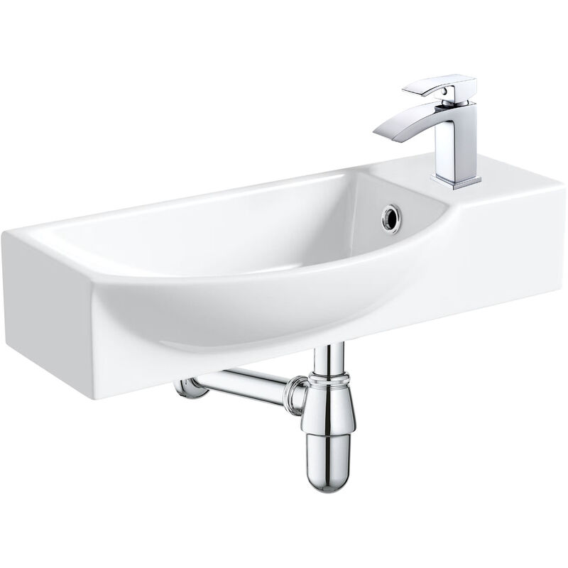 400mm Curved Wall Hung 1 Tap Hole Basin Chrome Lucia Waterfall Tap & Bottle Trap Waste - White