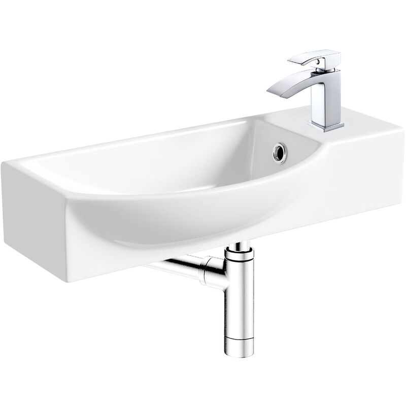 Fnx Bathrooms - 400mm Curved Wall Hung 1 Tap Hole Basin Chrome Lucia Waterfall Tap & Minimalist Bottle Trap Waste - White