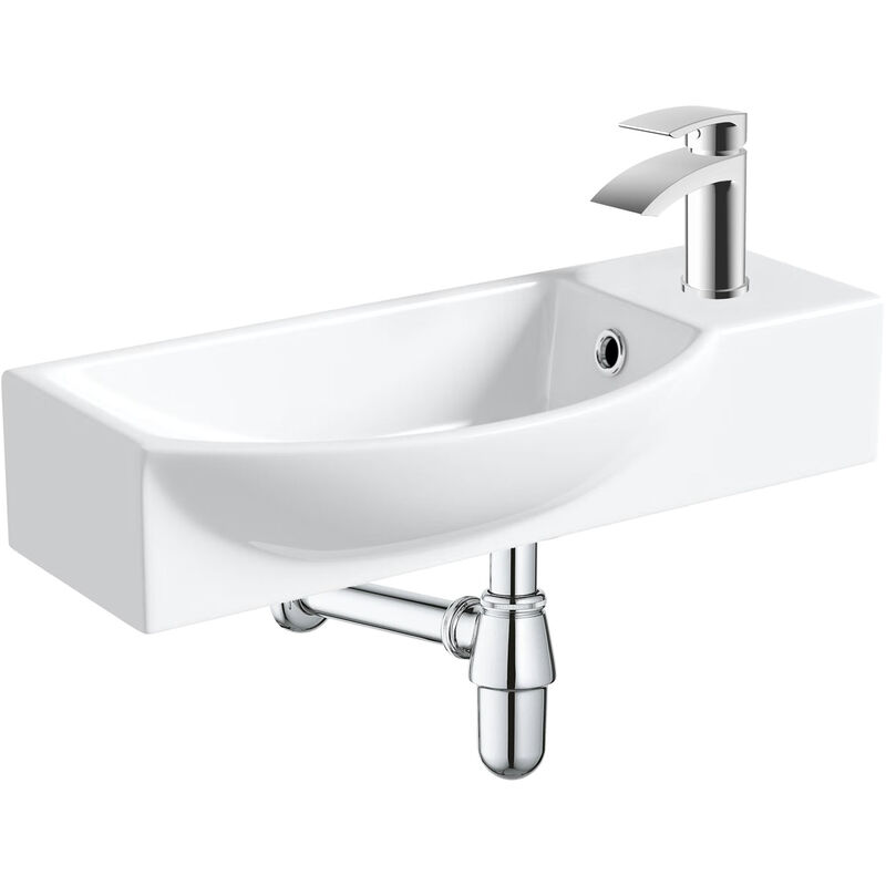 400mm Curved Wall Hung 1 Tap Hole Basin Chrome Sleek Waterfall Tap & Bottle Trap Waste - White