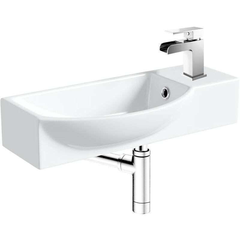 400mm Curved Wall Hung 1 Tap Hole Basin Chrome Waterfall Tap & Minimalist Bottle Trap Waste - White