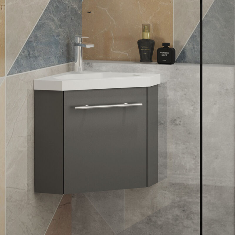 400mm Grey Cloakroom Bathroom Corner Sink Vanity Unit with Door Wall Mounted - Acezanble