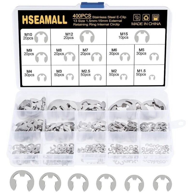 400PCS 13 Size Stainless Steel E-Clip External Snap Retaining Ring Assortment Kit Internal Circlip Ring 1.5 / 2 / 2.5 / 3 / 4 / 5 / 6 / 7 / 8 / 9 /