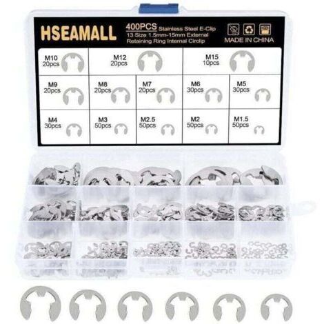 400PCS 13Size En Acier Inoxydable E-Clip Anneau De Retenue Externe Snap Kit De Assortiment Anneau Anneau De Circlips Interne 1.5 / 2 / 2.5 / 3/4/5/6/7/8/9/10/12 / 15mm Avec Boîte En Plastique,