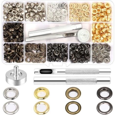400PCS Trousse à Oeillets 5mm, Kit Grommets Oeillets en Métal pour Bâche Ceinture Chaussures Chapeau Parachute 4 Couleurs