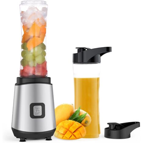 400W Mini Blender Smoothie Maker, with 2 Portable 600ml Bottles BPA Free, Shake Mixer for Milk Shakes, Smoothies, Ice Cream and Baby Food, 25.000 rpm, Silver