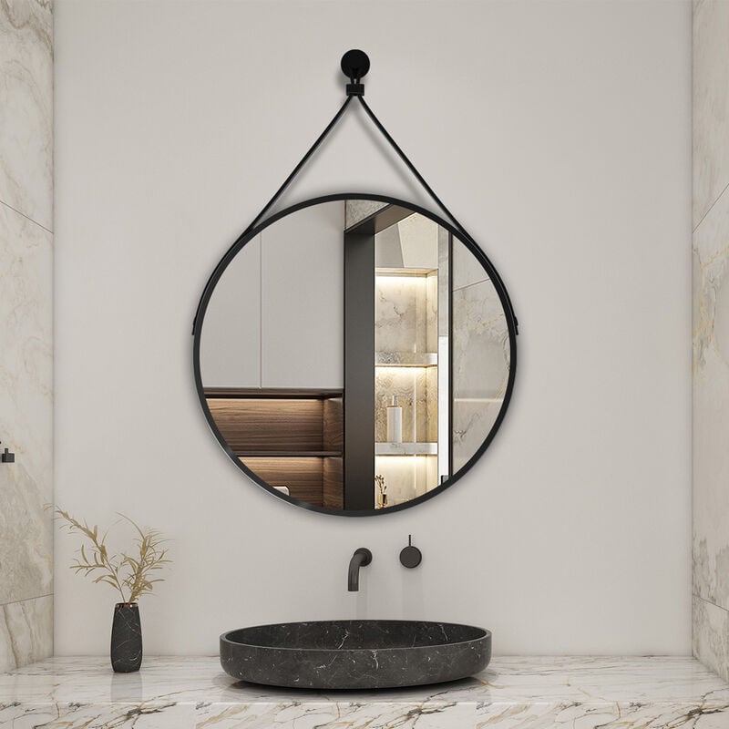 Biubiubath - Miroir rond 50x50cm noir encadré avec ceinture en cuir amovible