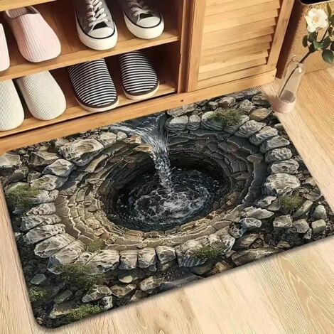 4060cm Tapis de porte à effet d'optique 3D, motif puits de pierre et eau qui coule, antidérapant, idéal pour l'entrée, le salon, la salle de jeux, l'allée extérieure et la décoration intérieure.