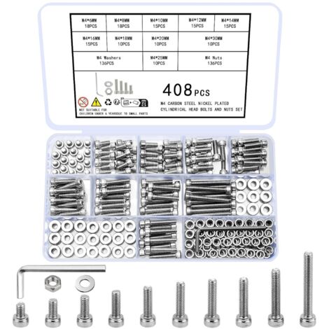 408 Pièces Kit Vis et écrous M4, Acier carbone plaqué nickel, Tête hexagonale creuse, Pour meubles vélos électronique