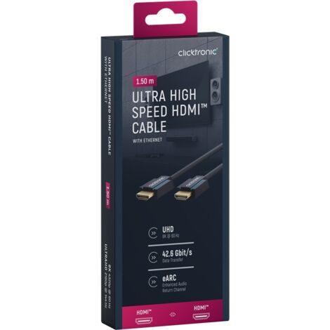 40989 Clicktronic câble Ultra High Speed HDMI (1.5 mètre) - Cordon HDMI 2.1 mâle/mâle à ultra hautes performances compatible 3D, Full HD (1080p), Ultra HD 4K (2160p) et Ultra HD 8K (4320p)