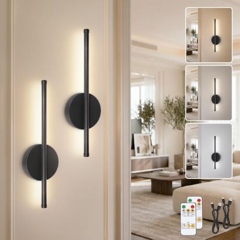40CM Appliques Murale LED Intérieure Noir Lot de 2 - Lampe Murale sans Fil 3 Températures de Couleur - Luminaire Mural à Batterie avec Télécommande pour Chambre à Coucher Salon Salle à Manger