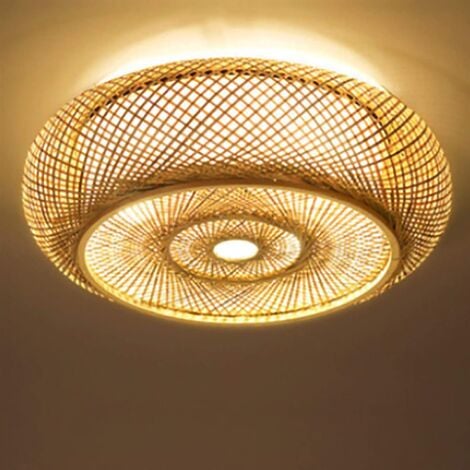 40cm Bambou Plafonnier Vintage Lampe À Suspension en Rotin Tissé Rétro Lustre E27 Spots De Plafond Rotin Pendentif Lumière Décoratif Salon Cuisine Café Bar