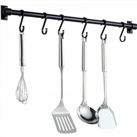 40CM Barre Murale Cuisine Ustensiles  - Barre Étagère de Cuisine avec 6 Crochets Amovibles - Rack Porte Étagère à Fixation Murale pour Ustensiles de Cuisine (Noir)