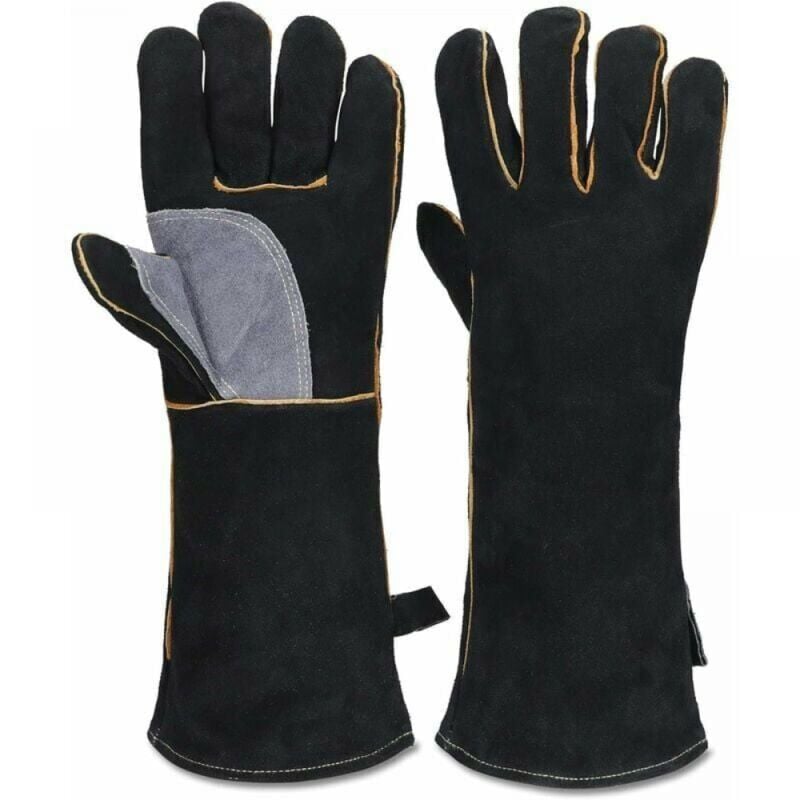 40cm Gants résistants au feu et à la chaleur extrêmes, cuir avec coutures en kevlar, parfaits pour cheminée, poêle, four, grill, soudage, barbecue,