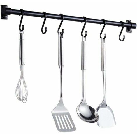 40cm Kitchen Utensil Wall-Mounted Rack with 6 Removable Hooks (Black)