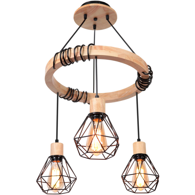 40CM Lustre Rétro Plafonnier En Bois E27 3 Flammes, Lampe De Plafond Annulaire Lustre Cage En Métal Pour Salon, Cuisine, Chambre, Noir