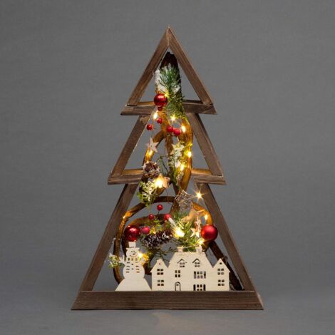 40cm Prelit Wooden Tree Frame Tabletop Decorations Xmas Ornament Gifts Decorated with Leaves Pine Cones Berries 3D Nordic Scene