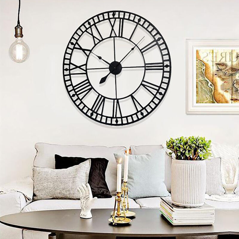 40CM Roman Numerals Metal Skeleton Wall Clock, Black - SP1654