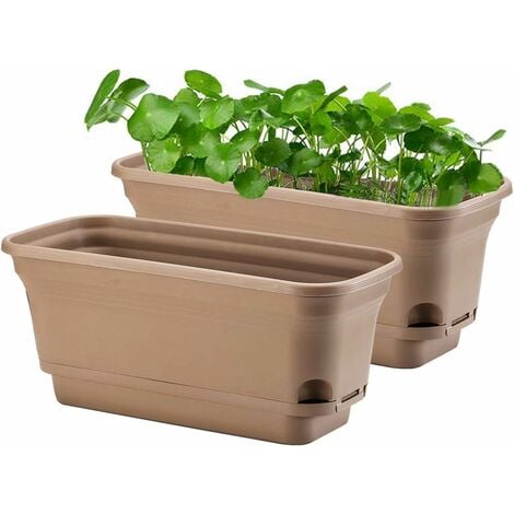 40CM Self-Watering Plant Pot Rectangular Plastic Planters, Modern Decorative Flower Pot for All Plants, Flowers, Herbs - Brown, Set of 2