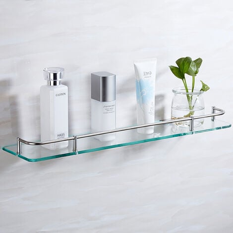 Glass bathroom shelf clearance with rail