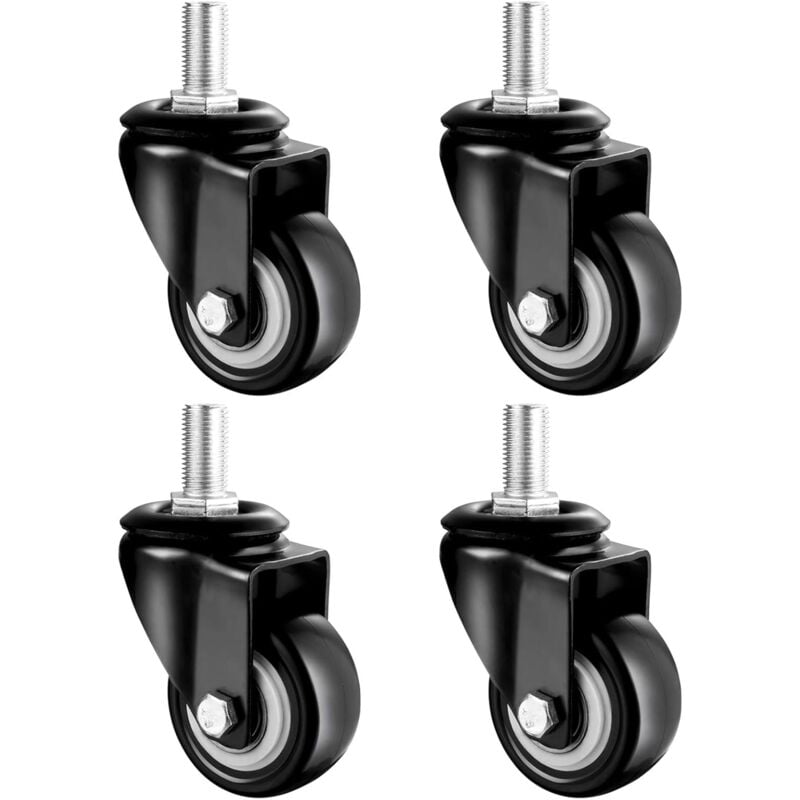 40mm Roues Pivotantes À Tige pour Meubles, Boulon M12 X25 Mm, roulettes Pivotantes Noire À 360 ° avec Frein, Roulette en Caoutchouc Charge Lourde, 4