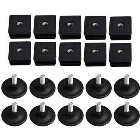 40mm x 40mm Filetage M8 Bouchons de jambe de meuble en plastique noir Bouchons aveugles Bouchons enfichables avec pieds de filetage de réglage pour tube carré Lot de 10
