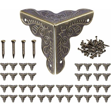 40pcs Coin Vintage,Coin Meuble Metal Antique,Coins de protection pour caisses et meubles Style Vintage,Aspect Bronze Meubles Décoratifs,Comprend 160 Clous-25x35mm 56Vingt