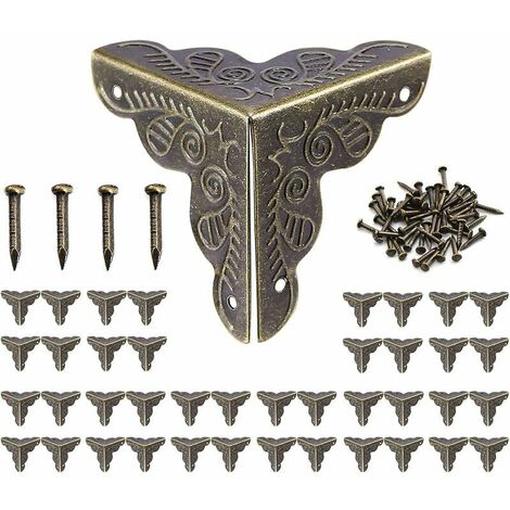 40pcs Coin Vintage,Coin Meuble Metal Antique,Coins de protection pour caisses et meubles Style Vintage,Aspect Bronze Meubles Décoratifs,Comprend 160 Clous-25x35mm