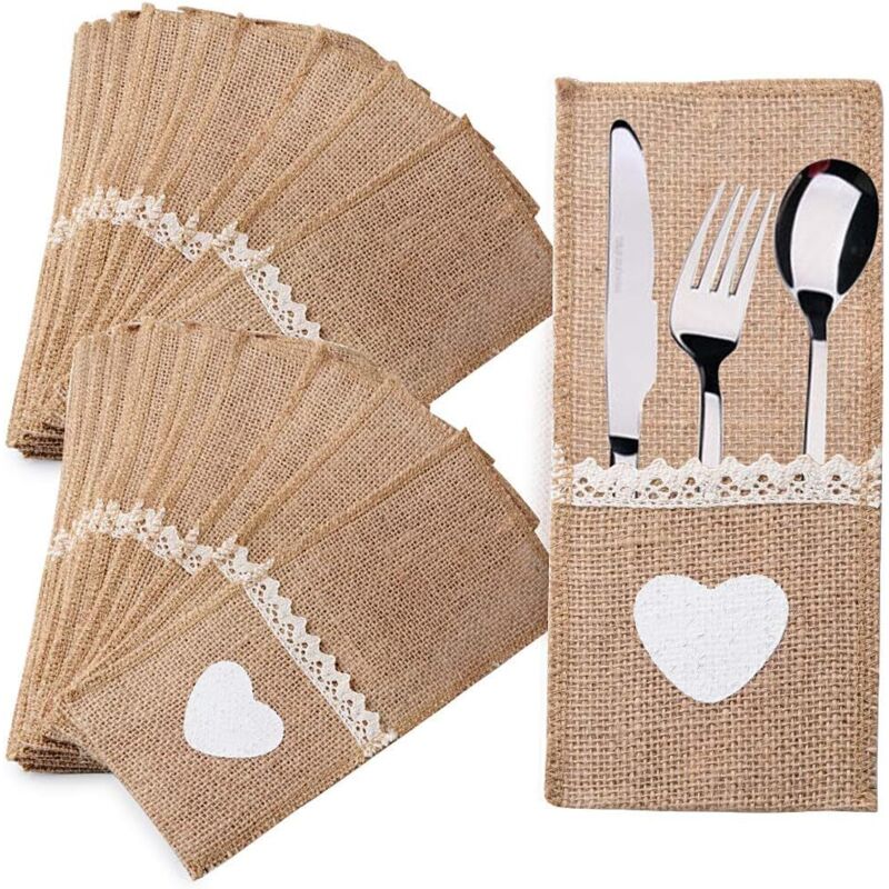 40pcs Porte-Couvert en Toile Jute et Dentelle Sac à Couteaux Table Pochette Poche à Couverts Accessoire de Vaisselle Fournitures Décoration de Table
