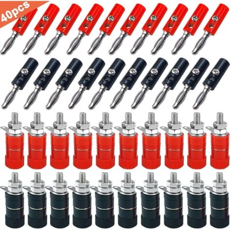 40Pcs Premium 4mm Banane Prise Connecteur Kit: 20Pcs Plaquée Nickel Banane Fiche + 20Pcs Banane Sécurité Douille, pour Haut-Parleur, Audio/Vidéo Récepteur (Rouge & Noir)