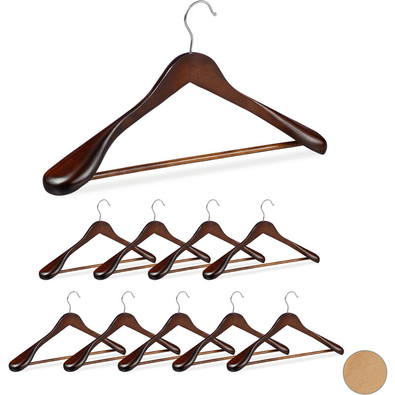 Set Of 10 Relaxdays Suit Hangers, Wide Shoulders, 360° Swivel Hooks, Pants Rail, Wooden Coat Hangers, Brown