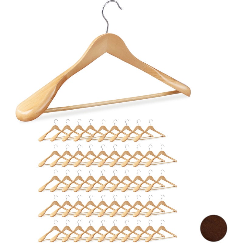 Set of 50 Relaxdays Suit Hangers, Wide Shoulders, 360° Swivel Hooks, Pants Rail, Wooden Coat Hangers, Natural