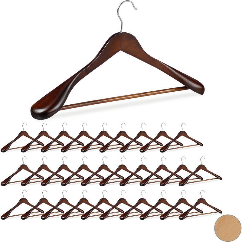 Set Of 30 Relaxdays Suit Hangers, Wide Shoulders, 360° Swivel Hooks, Pants Rail, Wooden Coat Hangers, Brown