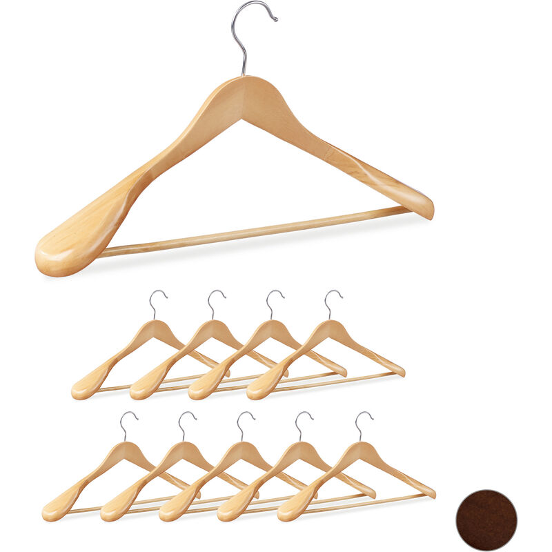 Set Of 10 Relaxdays Suit Hangers, Wide Shoulders, 360° Swivel Hooks, Pants Rail, Wooden Coat Hangers, Natural