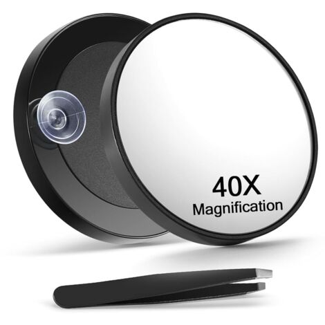 40X Magnifying Mirror with 2 Suction Cups, 3.5 inches Magnified Makeup Mirror and Slant Tweezers,Black,1PC