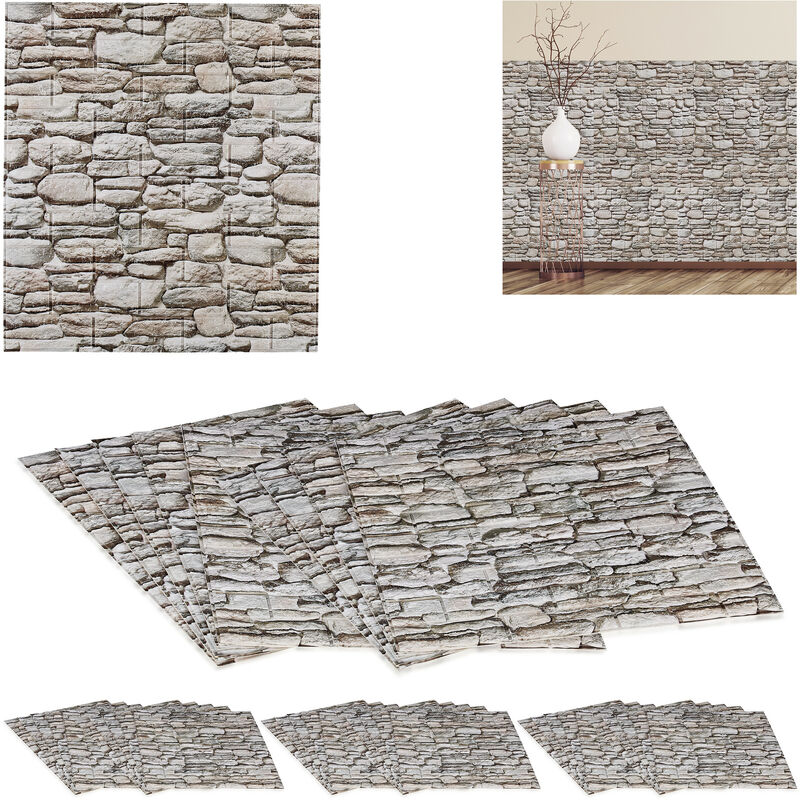 Self-Adhesive Wall Panels, Set of 40, Cut to Size, Modern Look, Stone Pattern, Paneling, 77 x 70 cm, Grey - Relaxdays