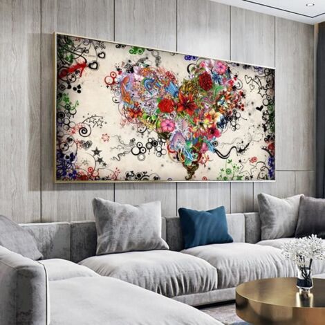 40x80cm no frame WANGART toile moderne avec tableau abstrait avec fleurs et cœur colorés, tableau mural coloré