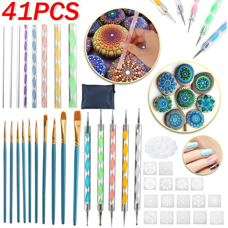 

41 piezas Mandala herramientas de punteado pintura de roca Nail Art Pen pintura plantilla DIY herramienta Mandala Kit