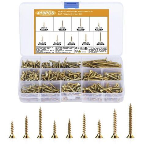 410 pièces Ensemble de vis universelles autotaraudeuses en bois, M3 M3,5 M4, Vis à tête plate, Assortiment de vis à tôle, Set de vis à tête fraisée