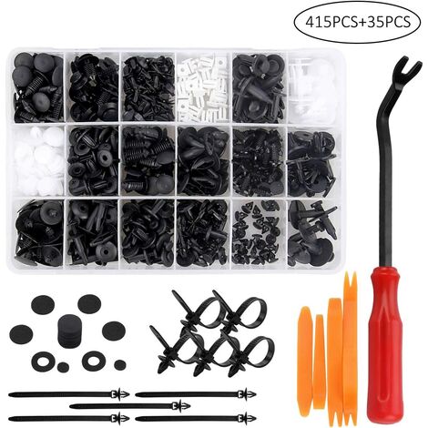 415 clips de plástico para remaches, cierre protector de remaches de plástico, clips universales para coche en blanco y negro con caja de almacenamiento y herramienta de instalación para paneles de pu