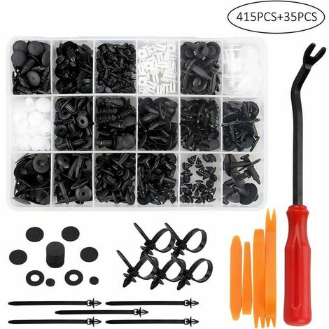 415 clips de plástico para remaches, cierre protector de remaches de plástico, clips universales para coche en blanco y negro con caja de almacenamiento y herramienta de instalación para paneles de pu