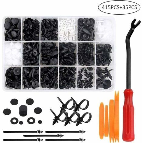 415 clips de remache de plástico, sujetador protector de remache de plástico, clips universales para coche en blanco y negro con caja de almacenamiento y herramienta de instalación.