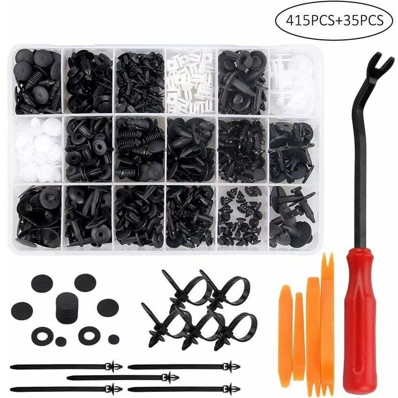 415 Pcs Rivet Clips Plastique, Rivet Plastique Fixation de Protection, Clips Voiture Noir Blanche Universel avec Boîte De Rangement et Outil