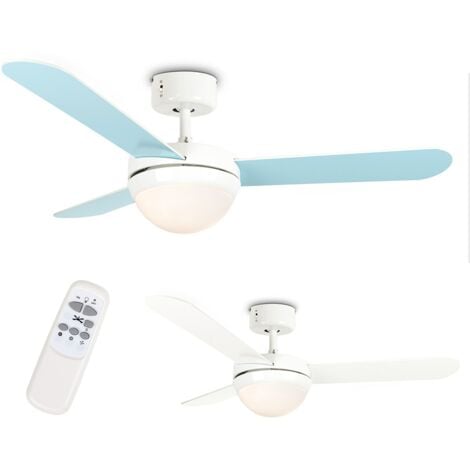 42" 106cm Duck Egg Blue Cream Reversible Blade Ceiling Fan + Frosted Shade & Remote Control + 4w LED Bulbs - 3000K Warm White