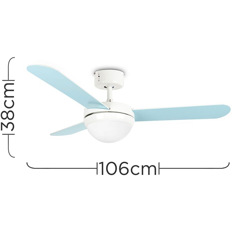 42 106cm Duck Egg Blue Cream Reversible Blade Ceiling Fan Frosted Shade Remote Control 4w Led Bulbs Warm White