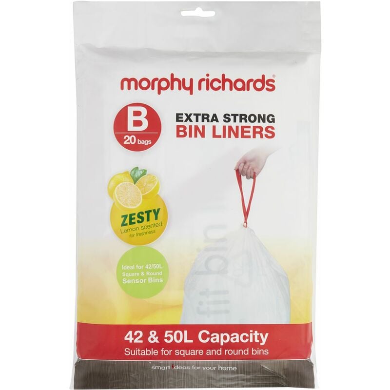 Morphy Richards - 979003 Kitchen Bin Bag 42-50L Lemon Scented Heavy Duty Drawstring Waste Bin Liners, 20 Pack, White, Compatible with most 42-50L bins