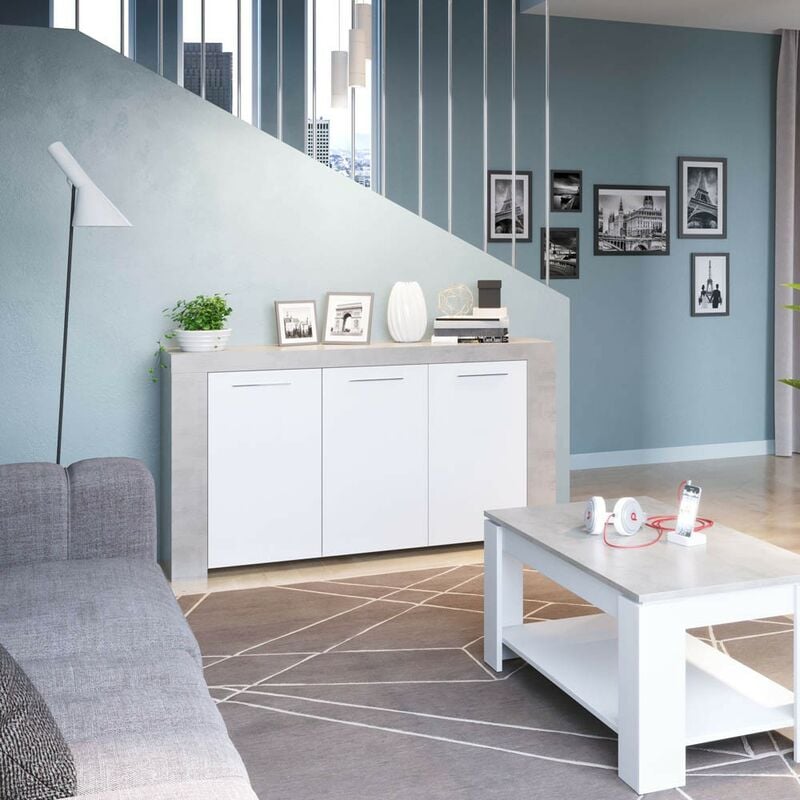 Buffet Ambit 3 portes 144 cm (largeur) x 80 cm (hauteur) x 42 cm (profondeur) - Ciment - Artik Blanc