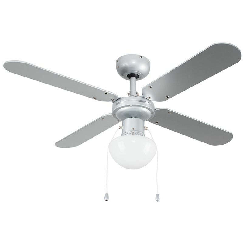 42' Metal Grey Ceiling Fan With Frosted Opal Glass Light Shade & 4 X Reversible Silver / Black Blades - With Remote Control