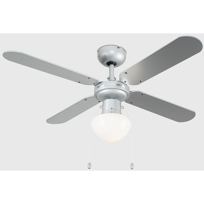 42 Metal Grey Modern Ceiling Fan With Frosted Opal Glass Light Shade 4 X Reversible Silver Black Blades With Remote Control