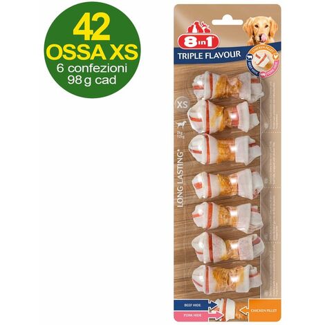 42 ossements triple saveur taille XS avec triple saveur poulet, bœuf et porc - OFFRE ECONOMIQUE 6 paquets de 7 os chacun