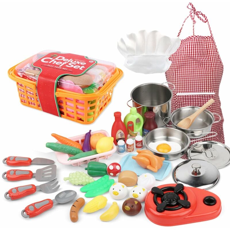 

Happyshopping - 42 PCS Juego de cocina Juego de simulacion con delantal de gorro de chef Cocina Juguete Estufa Sarten Cuchara Verduras Frutas Canasta